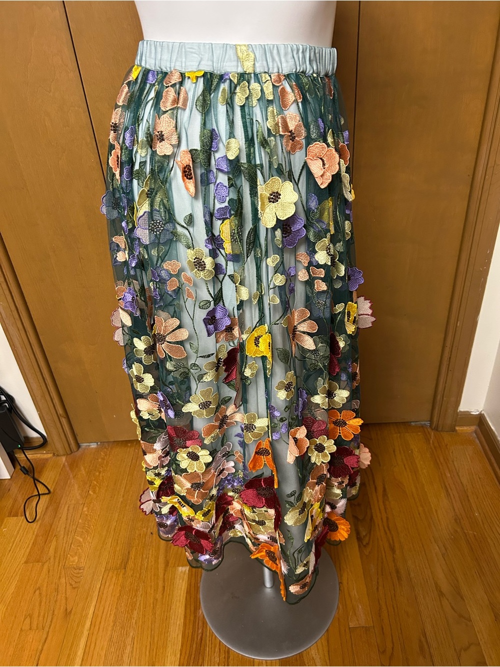 Maeve Seafoam Maxi Skirt with Multicolor Floral Appliqués - Picture 2 of 7